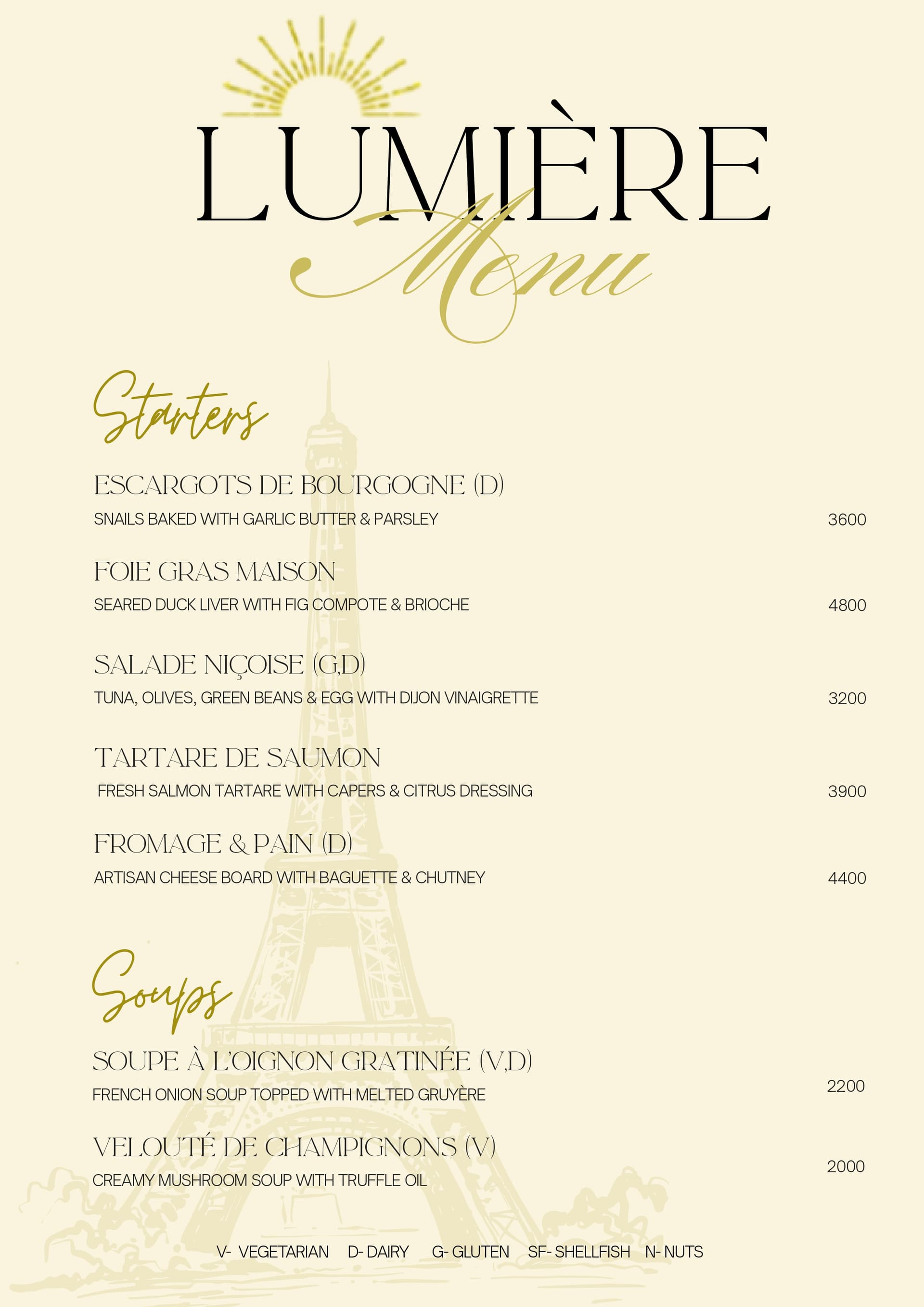 Lumière Menu Page 1