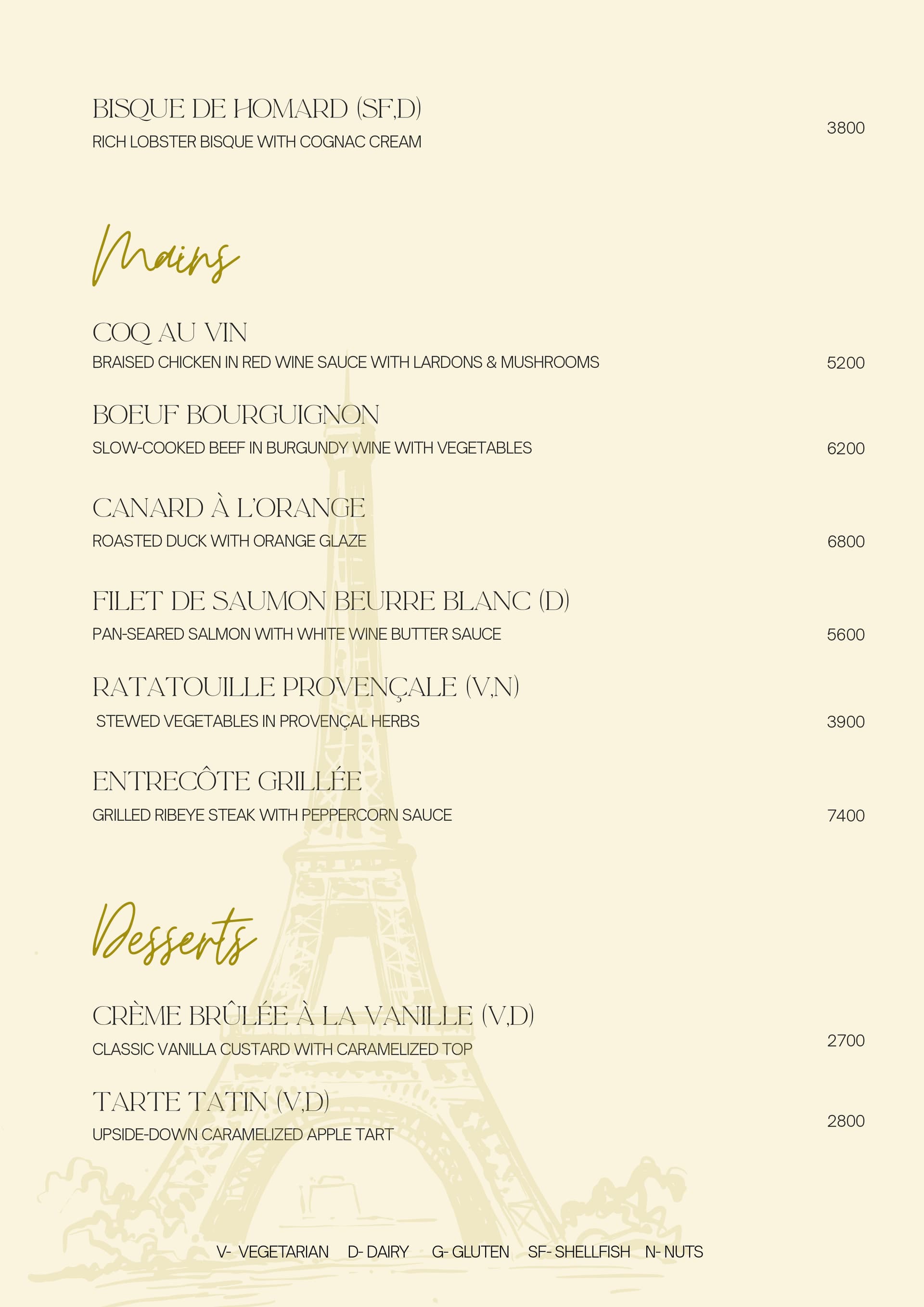 Lumière Menu Page 2